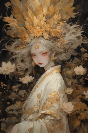 gold leaf painting,
beautiful vampire,blurred eyes,peacock feathers, bright, pastel, exotic atmosphere, complex embroidery, meticulous brushwork, frontal composition, dynamic shots of watching the flow of black ink: Realistic masterpieces with , Drips golden paint, nightmare flames, eye details DonMASKTexXL, tropical, witch, tropical style, gold tiara
,japanese art