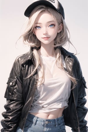 4k,best quality,masterpiece,1girl,(cropped jacket),(demin pant), smile,baseball cap,

(Beautiful and detailed eyes),
Detailed face, detailed eyes, double eyelids ,thin face, real hands,
((short hair with long locks:1.2)),brown-hair, white background,


real person, color splash style photo,
,highres,incredibly absurdres