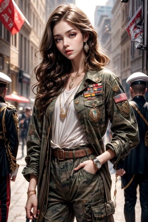 1girl, long hair, looking at viewer, brown hair, brown eyes, jewelry, closed mouth, standing, cowboy shot, outdoors, multiple boys, solo focus, belt, pants, artist name, blurry, uniform, bracelet, lips, head tilt, military, military uniform, blurry background, wavy hair, sleeves rolled up, curly hair, watch, realistic, hands in pockets, wristwatch, camouflage, patch