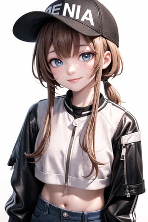 4k,best quality,masterpiece,1girl,(cropped jacket),(demin pant), smile,baseball cap,

(Beautiful and detailed eyes),
Detailed face, detailed eyes, double eyelids ,thin face, real hands,
((short hair with long locks:1.2)),brown-hair, white background,


real person, color splash style photo,
,highres,incredibly absurdres