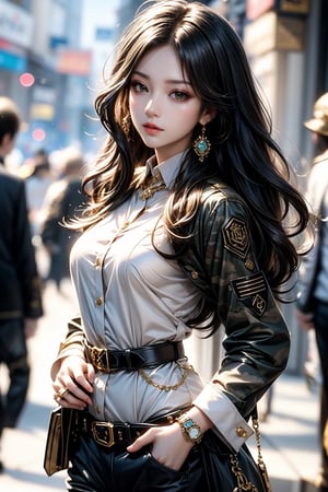 1girl, long hair, looking at viewer, brown hair, brown eyes, jewelry, closed mouth, standing, cowboy shot, outdoors, multiple boys, solo focus, belt, pants, artist name, blurry, uniform, bracelet, lips, head tilt, military, military uniform, blurry background, wavy hair, sleeves rolled up, curly hair, watch, realistic, hands in pockets, wristwatch, camouflage, patch,niji style,3d toon style,xxmix_girl,girl,concept,masterpiece