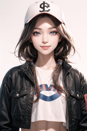 4k,best quality,masterpiece,1girl,(cropped jacket),(demin pant), smile,baseball cap,

(Beautiful and detailed eyes),
Detailed face, detailed eyes, double eyelids ,thin face, real hands,
((short hair with long locks:1.2)),brown-hair, white background,


real person, color splash style photo,
