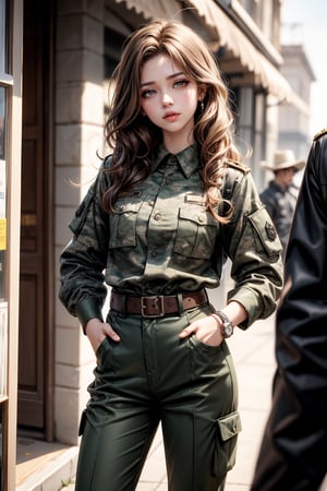 1girl, long hair, looking at viewer, brown hair, brown eyes, jewelry, closed mouth, standing, cowboy shot, outdoors, multiple boys, solo focus, belt, pants, artist name, blurry, uniform, bracelet, lips, head tilt, military, military uniform, blurry background, wavy hair, sleeves rolled up, curly hair, watch, realistic, hands in pockets, wristwatch, camouflage, patch