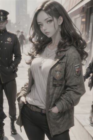 1girl, long hair, looking at viewer, brown hair, brown eyes, jewelry, closed mouth, standing, cowboy shot, outdoors, multiple boys, solo focus, belt, pants, artist name, blurry, uniform, bracelet, lips, head tilt, military, military uniform, blurry background, wavy hair, sleeves rolled up, curly hair, watch, realistic, hands in pockets, wristwatch, camouflage, patch,niji style,3d toon style,xxmix_girl,girl,concept,masterpiece