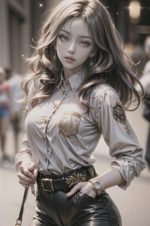 1girl, long hair, looking at viewer, brown hair, brown eyes, jewelry, closed mouth, standing, cowboy shot, outdoors, multiple boys, solo focus, belt, pants, artist name, blurry, uniform, bracelet, lips, head tilt, military, military uniform, blurry background, wavy hair, sleeves rolled up, curly hair, watch, realistic, hands in pockets, wristwatch, camouflage, patch,niji style,3d toon style,xxmix_girl,girl