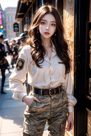 1girl, long hair, looking at viewer, brown hair, brown eyes, jewelry, closed mouth, standing, cowboy shot, outdoors, multiple boys, solo focus, belt, pants, artist name, blurry, uniform, bracelet, lips, head tilt, military, military uniform, blurry background, wavy hair, sleeves rolled up, curly hair, watch, realistic, hands in pockets, wristwatch, camouflage, patch,niji style,3d toon style,xxmix_girl,girl,concept