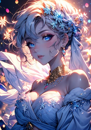 ((((ink))),((watercolor)),world masterpiece theater, ((best quality)),depth of field,((illustration)),(1 girl),anime face,medium_breast,floating,beautiful detailed sky,looking_at_viewers,an detailed organdie dress,very_close_to_viewers,bare_shoulder,golden_bracelet,focus_on_face,messy_long_hair,veil,upper_body,,lens_flare,light_leaks,bare shoulders,detailed_beautiful_Snow Forest_with_Trees, spirit,grey_hair,White clothes,((Snowflakes)),floating sand flow,navel,(beautiful detailed eyes), (8k_wallpaper),masterpiece,studio_ghibli_anime_style style