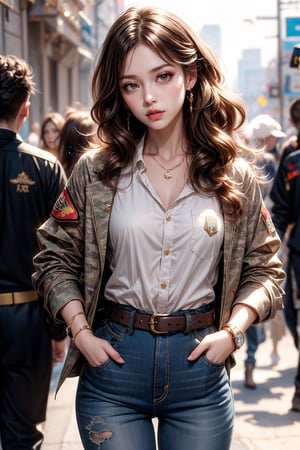 1girl, long hair, looking at viewer, brown hair, brown eyes, jewelry, closed mouth, standing, cowboy shot, outdoors, multiple boys, solo focus, belt, pants, artist name, blurry, uniform, bracelet, lips, head tilt, military, military uniform, blurry background, wavy hair, sleeves rolled up, curly hair, watch, realistic, hands in pockets, wristwatch, camouflage, patch,niji style,3d toon style,xxmix_girl,girl,concept