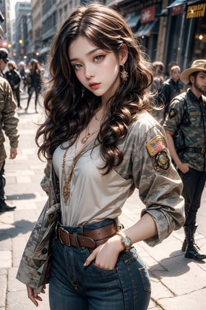 1girl, long hair, looking at viewer, brown hair, brown eyes, jewelry, closed mouth, standing, cowboy shot, outdoors, multiple boys, solo focus, belt, pants, artist name, blurry, uniform, bracelet, lips, head tilt, military, military uniform, blurry background, wavy hair, sleeves rolled up, curly hair, watch, realistic, hands in pockets, wristwatch, camouflage, patch,niji style,3d toon style