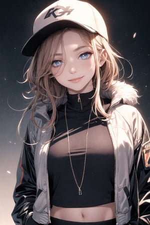 4k,best quality,masterpiece,1girl,(cropped jacket),(demin pant), smile,baseball cap,

(Beautiful and detailed eyes),
Detailed face, detailed eyes, double eyelids ,thin face, real hands,
((short hair with long locks:1.2)),brown-hair, white background,


real person, color splash style photo,
,highres