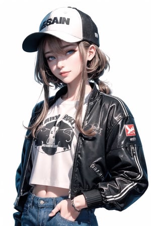 4k,best quality,masterpiece,1girl,(cropped jacket),(demin pant), smile,baseball cap,

(Beautiful and detailed eyes),
Detailed face, detailed eyes, double eyelids ,thin face, real hands,
((short hair with long locks:1.2)),brown-hair, white background,


real person, color splash style photo,
,highres