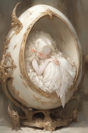 albino demon girl,lounging in an egg-shaped cradle. Her slender figure reclines comfortably within the smooth, curved interior, surrounded by the warmth and security of the eggshell. With eyes closed and a peaceful expression, she appears serene and content, her pale skin glowing softly in the gentle light. Long lashes frame her closed eyes, and her delicate features convey a sense of tranquility and beauty. Despite the unconventional setting, she exudes an aura of quiet grace and otherworldly charm,princess