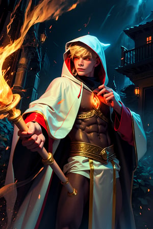 tempestmagic ,fantasy,wind storm, excessive energy , floating, enchanted robe , holding staff, mage staff , hood up, glowing hair, 1man ,glowing eyes, long hair,bj_elegant,cute blond boy,anepicboy
