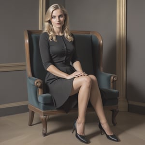 raw photograph, [one slender german woman sitting on a Chesterfield chair with knees together, extremely beautiful classy lady, perfect slim legs, shapely knees, in black elegant pleated skirt, (dreamy expression), realistic, character : the tail of a small snake emerges from under the skirt between the legs of the German woman, (snake coils around woman's legs) : 15]
