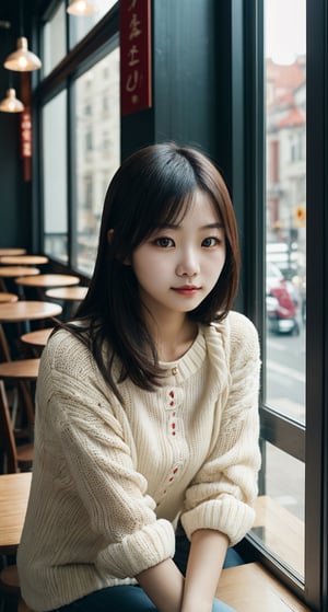 Cute chinese girl sitting in a position by the window of the café, natural lighting from window, 35mm lens, soft and subtle lighting, girl centered in frame, shoot from eye level, incorporate cool and calming colors
