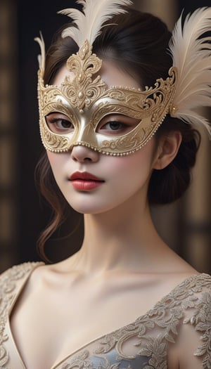 (1girl wearing intricate masquerade mask), masterpiece, best quality, ultra-detailed, best illustration, portrait, upper body, 1girl, japanese, pale skin, luxurious dress, deep cleavage