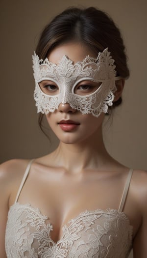 (1girl wearing intricate masquerade mask, lace mask, cloth), lace blindfold. masterpiece, best quality, ultra-detailed, best illustration, portrait, upper body, 1girl, japanese, pale skin, luxurious dress, deep cleavage,Lace Blindfold