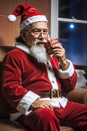 close up, cute santa claus sitting in a couch, xmas, (masterpiece), (detailed art), photorealism, colorful,IsThisAPigeon