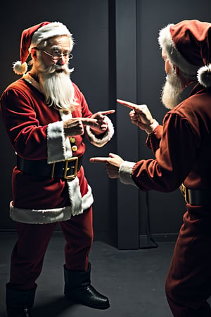 three santa claus pointing eachother