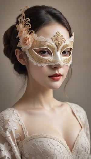 (1girl wearing intricate masquerade mask, lace mask, cloth), masterpiece, best quality, ultra-detailed, best illustration, portrait, upper body, 1girl, japanese, pale skin, luxurious dress, deep cleavage