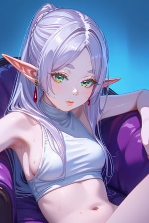 score_9, score_8_up, score_7_up, score_6_up, score_5_up, score_4_up, 1girl, Frieren, elf ear, green eyes, sitting, on sofa, centered, detailed lips, cute face, casual clothes, white crop top, detailed navel,  sideboobs, [sweat], [detailed armpit], intricate background, depth, white room,simple background, masterpiece, best quality, amazing quality, very aesthetic, absurdres, dramaticwatercolor