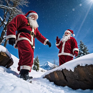 cute santa claus meeting eachother in snowy mountain, ApproachingMe, xmas, (masterpiece), (detailed art), photorealism, colorful