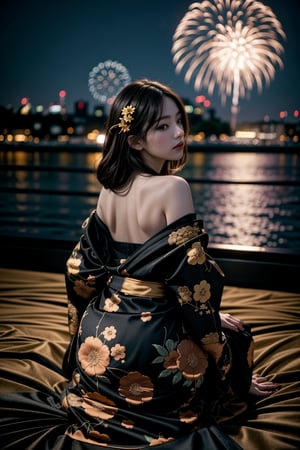 (Best quality, 8k, 32k, realism, photoreal, highres, UHD:1.2),Photo of Pretty Japanese woman, 1woman, 24yo, (shoulder length dark brown hair), double eyelids, glossy full lips, curves body, pale skin, luxurious yellow floral embroidery kimono, ornate embroidery, (nighttime, dark theme:1.4), huge white room, french windows, (beautiful city night views and a grand fireworks display with brilliant colors:1.4), many (vibrant colors) huge fireworks raised high, queen size bed, on all fours on bed watching fireworks, full body portrait, cozy and aesthetics, sharp focus, from behind slightly above, ray tracing,epiC35mm,,<lora:659111690174031528:1.0>