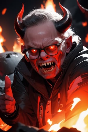 (8k, best quality, masterpiece:1.2), (intricate details), perfect eyes, perfect face, perfect lighting, solo, upper_body, looking at viewer,, lava background, raw photo, realistic, Zaslav, glasses, blue eyes, grey hair, very angry, mean, dark colors, horns, sharp teeth, glowing eyes, demon eyes, veins, red skin, colored skin, evil, scary, fire, cut3h0rnstyl3