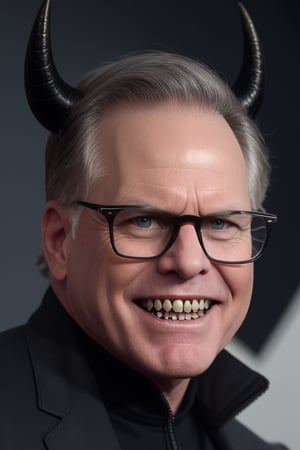 (8k, best quality, masterpiece:1.2), (intricate details), perfect eyes, perfect face, perfect lighting, solo, upper_body, looking at viewer,, kitchen background, raw photo, realistic, Zaslav, glasses, blue eyes, grey hair, very angry, mean, dark colors, horns, sharp teeth, glowing eyes, demon eyes, veins 