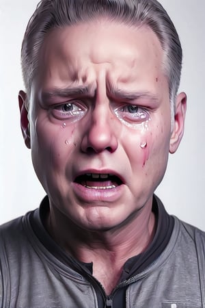 (Best illustrative quality 8k), (better details) sad, crying, tears, open mouth, (blue) eyes,
eyes_details, face_details, scars, bloody injuries, vest, clothes are torn and destroyed, bruises, (many bloody scars on his body and face), clothes are torn and ripped apart, cuts on skin, tshirt is torn, blood, injuries, (close up portrait), very nervous, surprised, Zaslav, grey hair