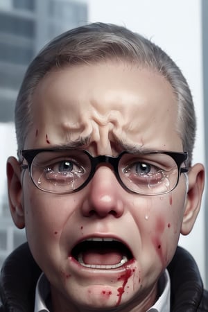 Zaslav, glasses, blue eyes, grey hair, scars, in pain, hurt, bloody nose, bruises, urban background, blood, crying, tears, from the top, open mouth, sharp focus, eyes open, expressive eyes, expressive face, streaming tears