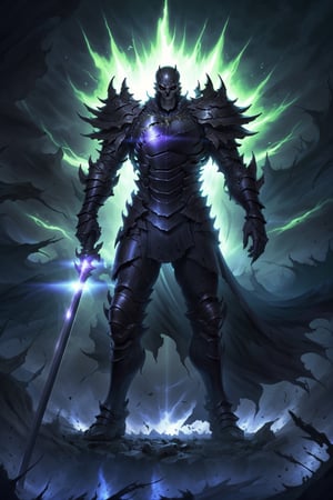 black skeleton general, holding sword, green energy, epic, dark, chaos, world end, armor, high quality