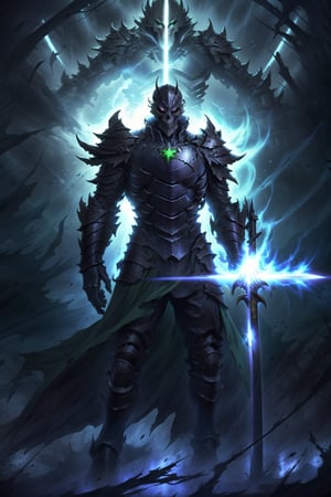 black skeleton general, sword, green energy, epic, dark, chaos, world end, armor, high quality