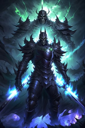 black skeleton general, sword, green energy, epic, dark, chaos, world end, armor, high quality