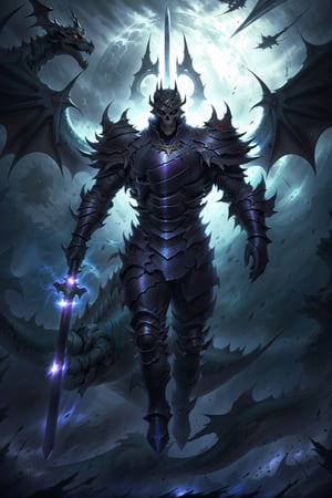 black skeleton general, sword, evil dragon flying in the background, green energy, epic, dark, chaos, world end, armor, high quality