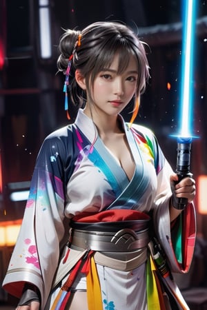 muelsyse (arknights),1girl, solo,low cut hanfu,low cut chinese clothes,splatter background, (rainbow color lightsaber), best quality, amazing quality, very aesthetic, absurdres, large cleaveage 