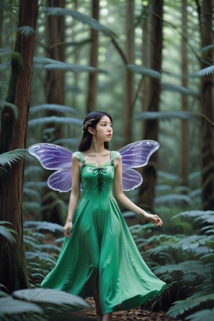 The Taiwanese girl noble wizard of Oz, has beautiful purpke elf wings and flies and shuttles in the magical forest, laoliang 