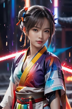 muelsyse (arknights),1girl, solo,low cut hanfu,low cut chinese clothes,splatter background, (rainbow color lightsaber), best quality, amazing quality, very aesthetic, absurdres,show large cleaveage 