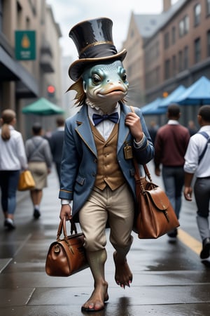 High resolution, full detailed, better image quality,16k, ultrara definition,ultra-realistic,

Believe me a fish, with school uniform, with a top hat, and a Hermes bag in hand, walking in the city 