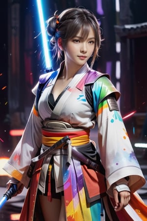 muelsyse (arknights),1girl, solo,low cut hanfu,low cut chinese clothes,splatter background, (rainbow color lightsaber), best quality, amazing quality, very aesthetic, absurdres, large cleaveage 