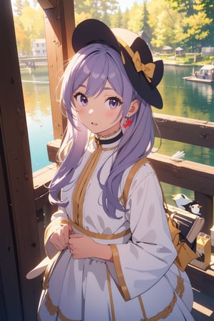 masterpiece,illustration,ray tracing,finely detailed,best detailed,Clear picture,intricate details,highlight,
anime,
modern architecture,Frieren, wedding gown 
looking at viewer,

nature,gothic architecture,bird,the lakeside in the heart of the forest,the staircase of the balcony,

NikkeRei,
1girl,loli,baby,long hair,hat,light purple hair,
yellow bow,yellow bag,skirt,upper body,
NikkePenguin,Penguin,