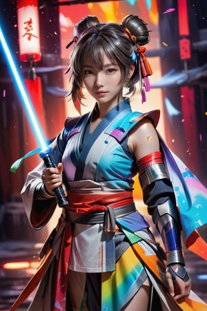 muelsyse (arknights),1girl, solo,hanfu,chinese clothes,splatter background, (rainbow color lightsaber), best quality, amazing quality, very aesthetic, absurdres,