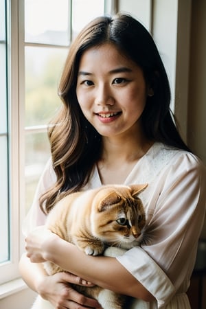 a youthful Taiwanese woman with a gentle smile cradling a fluffy cat. The shot, taken with a DSLR camera, boasts hyper-realistic detail. Sunlight filters through a nearby window, highlighting the intricate textures of the woman's light, airy dress and the soft, intricate fur patterns of the cat she holds lovingly. Each strand of hair, the subtle expressions in their eyes, and the delicate interplay of shadows and light are rendered with astounding clarity and depth. This image, rich in detail and emotion, showcases the bond between human and pet, evoking a sense of warmth and serenity.