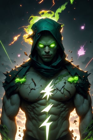 (Green skitterdash elemental made of rock:1.3), upper body, barechested, male, ((masterpiece, best quality)), [[Alexander McQueen Jeremy Mann]], cracked skin, neon electricity coming through cracks, muscular male, white hair, outdoors, detailed background   ,r1ge,CrcKd8