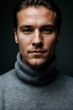 high quality, face portrait photo of 30 swedish and Norwegian  man, wearing gray sweater, kind face, detailed face, skin pores, cinematic shot, dramatic lighting