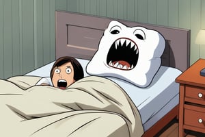 horror, illustration, (cartoon:1.2), an evil inanimate (white rectangular bed pillow) becomes animate and opens it's eyes, it opens it's vicious jaws to chomp!, (it is biting a sleeping person!), "ouchy", (attack and biting head1.2)
 
, blended features, mattress, pillow, evil cartoon