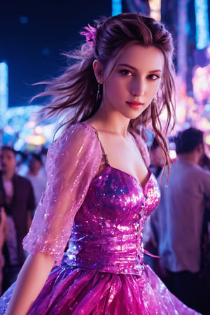 In the pulsating heart of a neon-lit cityscape, where the night sky is painted with the frenetic energy of flashing lights and thumping bass, Aerith Gainsborough emerges as a beacon of ethereal beauty amidst the chaos of the rave scene. With her flowing locks the color of moonlit silver cascading down her back, she moves with a fluid grace that seems to defy the laws of gravity. Her eyes, like pools of liquid sapphire, reflect the kaleidoscope of colors that dance around her, mirroring the euphoria that courses through the crowd.

Clad in an ensemble that blends whimsy with sophistication, Aerith is a vision of eclectic chic. A sheer blouse adorned with iridescent sequins shimmers in the strobe lights, while a billowing skirt of diaphanous fabric trails behind her like a comet's tail. Adorned with strands of glowing beads that pulse in time with the music, she is a living embodiment of the rhythm that envelops her.

As she navigates through the throng of revelers, Aerith's presence seems to cast a spell over those around her. Whispers follow in her wake, as if the very air reverberates with her name. Yet, amidst the hedonistic fervor of the rave, she remains an enigma, a mystery waiting to be unraveled.

With each step, Aerith moves closer to the heart of the dance floor, where bodies writhe and gyrate in a frenzied celebration of life. There, beneath the canopy of pulsating lights, she finds herself swept up in the collective ecstasy of the moment, losing herself in the music and the camaraderie of her fellow revelers.

In this electric dreamscape, where reality and fantasy blur into one, Aerith Gainsborough becomes more than just a mere mortal. She is a goddess of the night, a muse to those who dare to dream in technicolor. And as the night unfolds in a symphony of lights and sounds, she dances on, a vision of grace and beauty in a world gone mad with desire.
