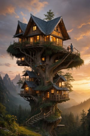 valley, fairytale treehouse village covered, , matte painting, highly detailed, dynamic lighting, cinematic, realism, realistic, photo real, sunset, detailed, high contrast, denoised, centered, Duy huynh Jeremy Mann