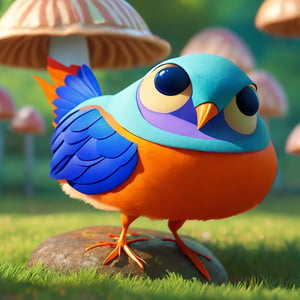 (best quality, hyper-realistic, 8K, ultra HD), (Pixar style,( style of Charles Camoin:1.4), Cinema 4D), Create a stunning 8K ultra HD illustration that brings Benny, a small bird with jagged blue feathers and a raspy voice, to life. Render Benny in a hyper-realistic style, paying homage to both Charles Camoin and Disney's iconic animation styles, using the power of Cinema 4D to capture every intricate detail of this charming character perched gracefully on a poisonous mushroom.