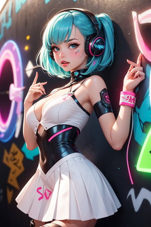 (masterpiece, best quality:1.4), (beautiful, aesthetic, perfect, delicate, intricate, SFW,1.2), (cute, adorable), (depth of field:1.2), colorful, vivid colors, perfect female form, perfect face, (((whimsical gil elvgren))) (lasers against a pop art background), ((abstract expressionism)), neon split complimentary colors, geometric bold (ayanami), (futuristic angular black chest piece armor with long fluffy pleated skirt adorned with vibrant red accents and highlighted by striking ((blue)) neon lights)(graffiti wall:1.4), (headphone), (standing, cowboy shot), 
